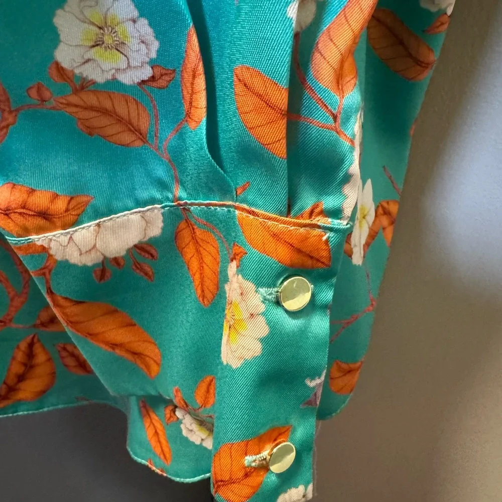 Oversized Floral Satin Button-Up Blouse – Teal Orange Print (New With Tag) - Picture 6 of 9